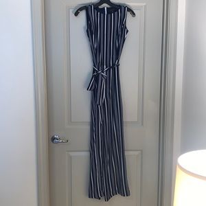 Navy blue white striped Tahari jumpsuit